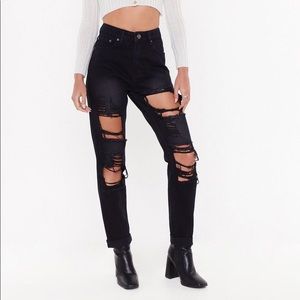 Dark Wash High-Waisted Distressed Mom Jeans